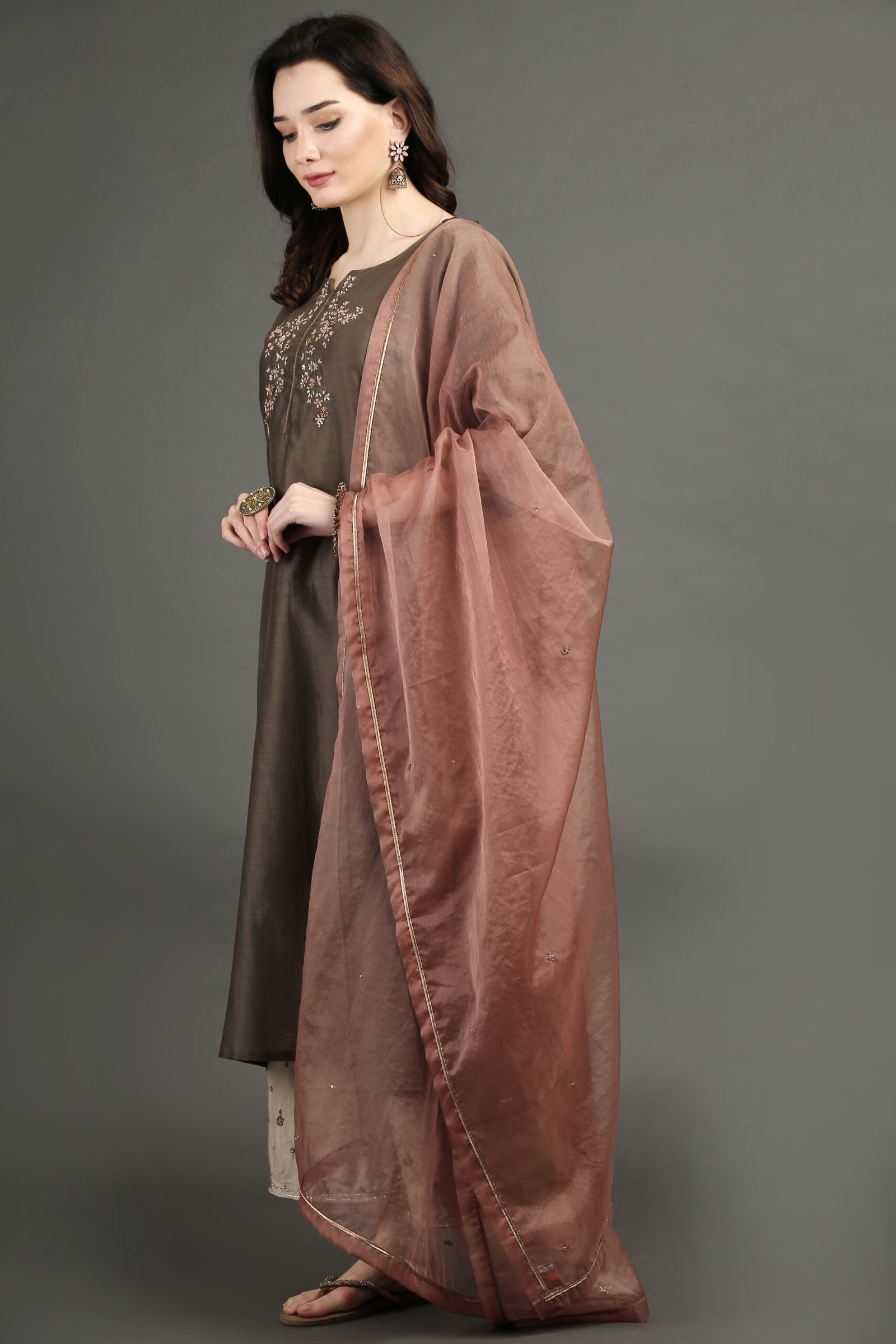 Delicate Hand Embroidered Silk Chanderi A Line Kurta With Beige Hand Embroidered Cotton Silk Farshi (Set Of 2)