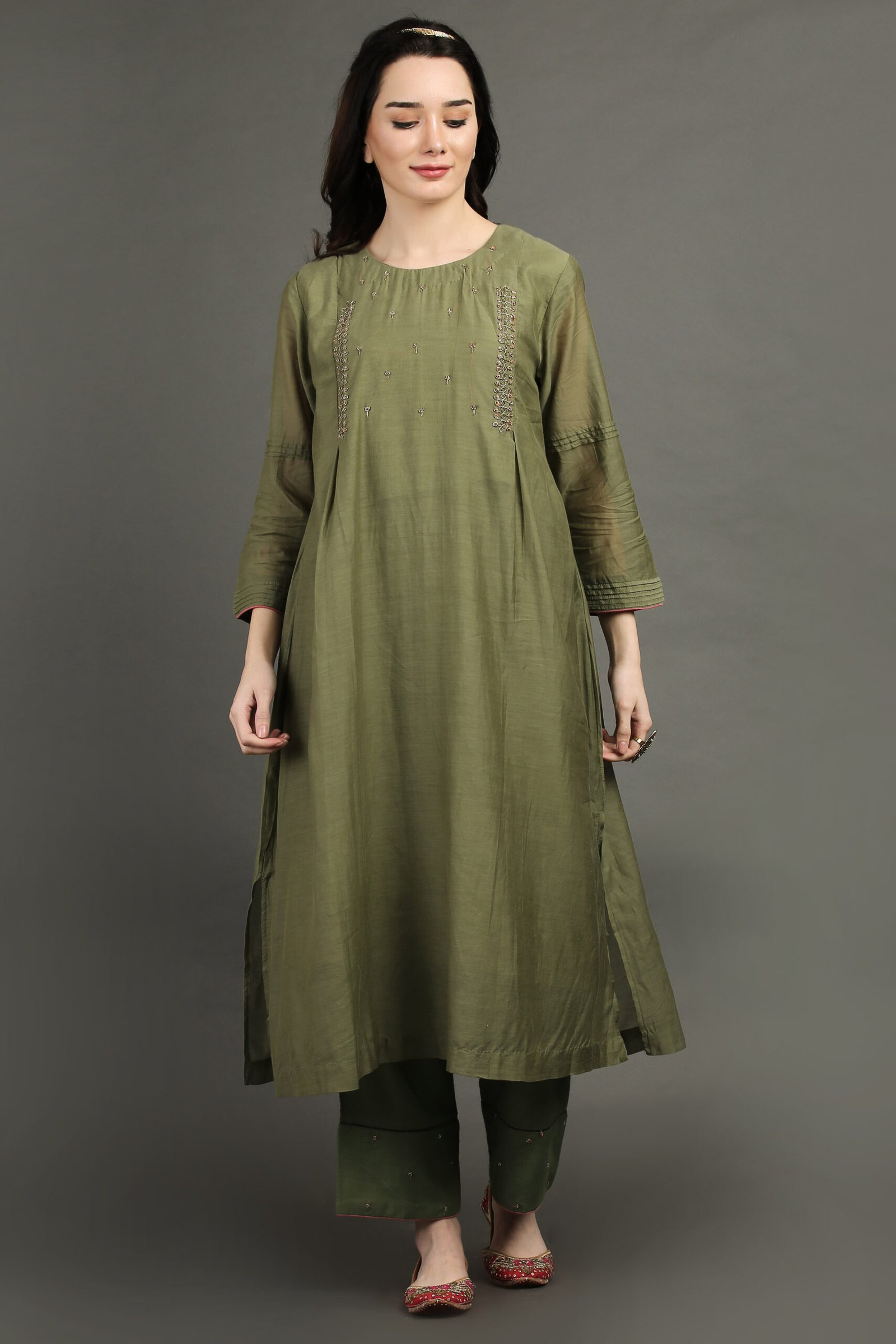 Hand Embroidered Olive Green A Line Kurta