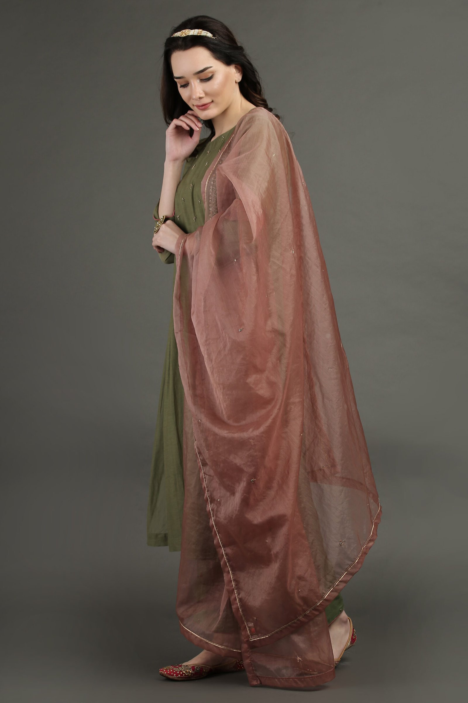 Hand Embroidered Olive Green A Line Kurta With Hand Embroidered Adjustable Waist Pants And Dupata (Set Of 3)