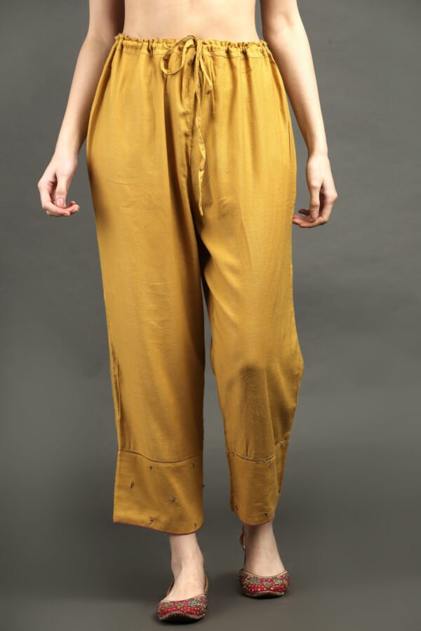 Lively Yellow Hand Embroidered A Line Kurta With Hand Embroidered Adjustable Waist Pants And Dupata (Set Of 3)