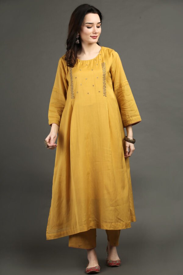 Lively Yellow Hand Embroidered A Line Kurta With Hand Embroidered Adjustable Waist Pants And Dupata (Set Of 3)