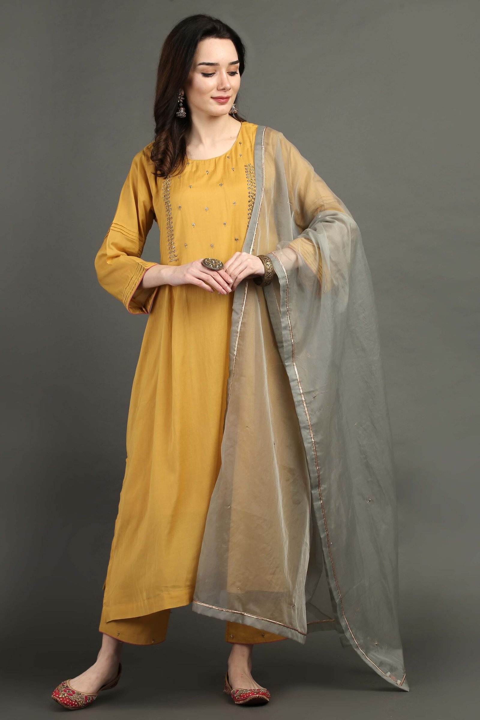 Dusty Blue Delicate Hand Embroidered Organza Dupatta