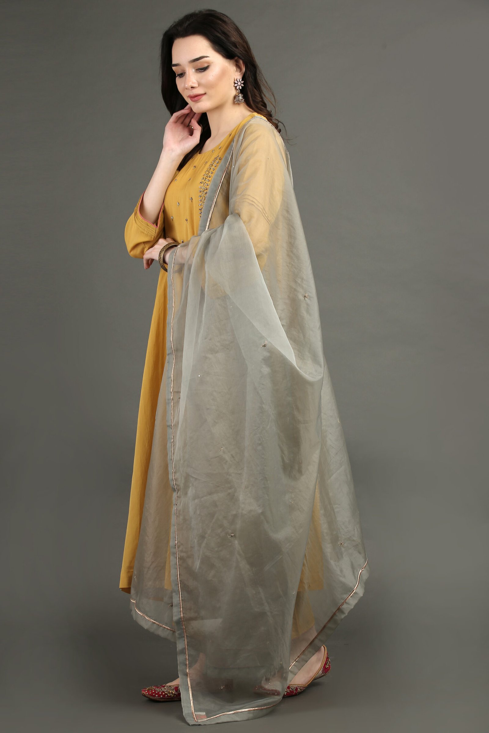 Lively Yellow Hand Embroidered A Line Kurta With Hand Embroidered Adjustable Waist Pants And Dupata (Set Of 3)