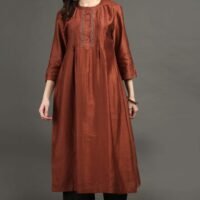 Rust Hand Embroidered Kurta With Pintuck Detail With Hand Embroidered Adhjustable Pants And Dupatta(Set Of 3)