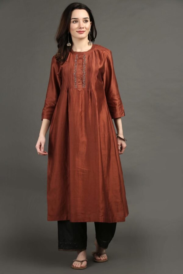 Rust Hand Embroidered Kurta With Pintuck Detail With Hand Embroidered Adhjustable Pants And Dupatta(Set Of 3)