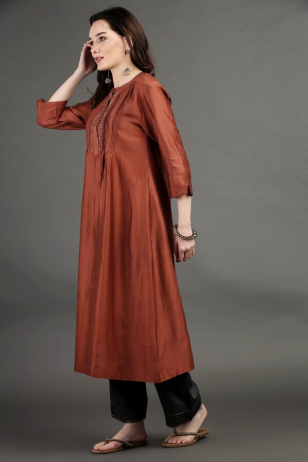 IMG_1089 Rust Hand Embroidered Kurta With Pintuck Detail