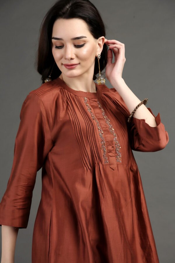 IMG_1091 Rust Hand Embroidered Kurta With Pintuck Detail
