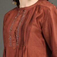 Rust Hand Embroidered Kurta With Pintuck Detail With Hand Embroidered Adhjustable Pants And Dupatta(Set Of 3)