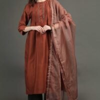 Rust Hand Embroidered Kurta With Pintuck Detail With Hand Embroidered Adhjustable Pants And Dupatta(Set Of 3)