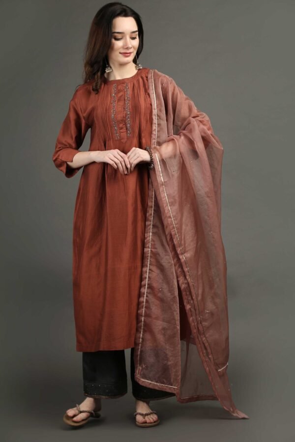 Rust Hand Embroidered Kurta With Pintuck Detail With Hand Embroidered Adhjustable Pants And Dupatta(Set Of 3)
