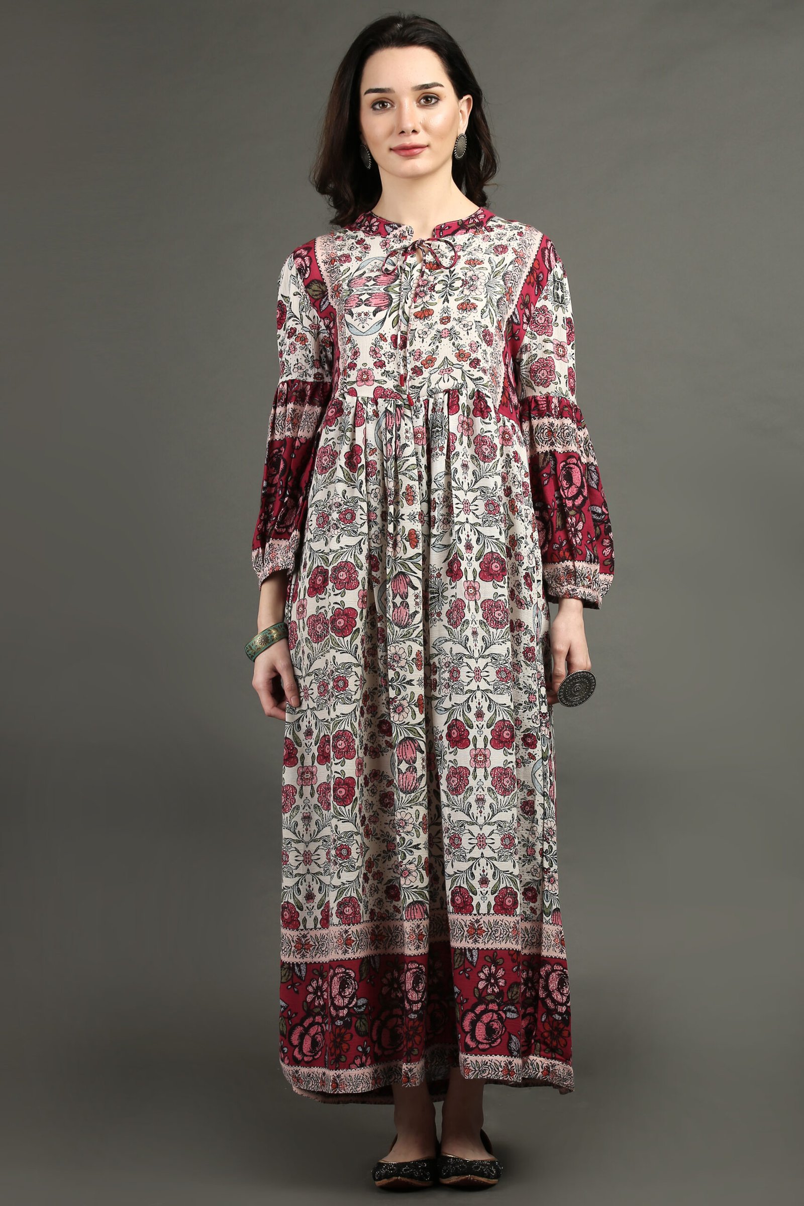Raspberry/ Off White Printed Bohemian Dress
