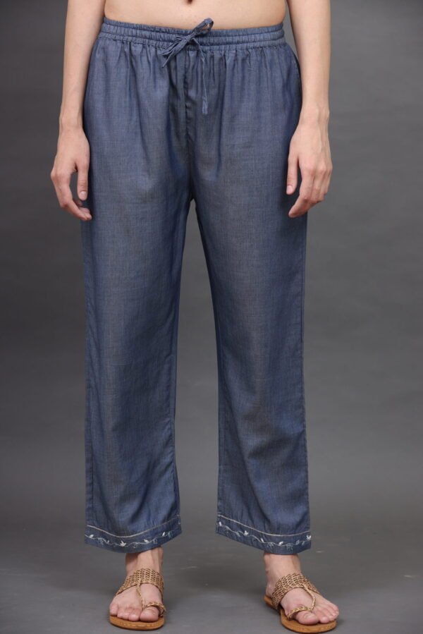 0G3A0960 V NECK DELICATE ZARDOZI HAND EMBROIDERED A LINE COTTON CHAMBREY KURTA & PANT (Set of 2)