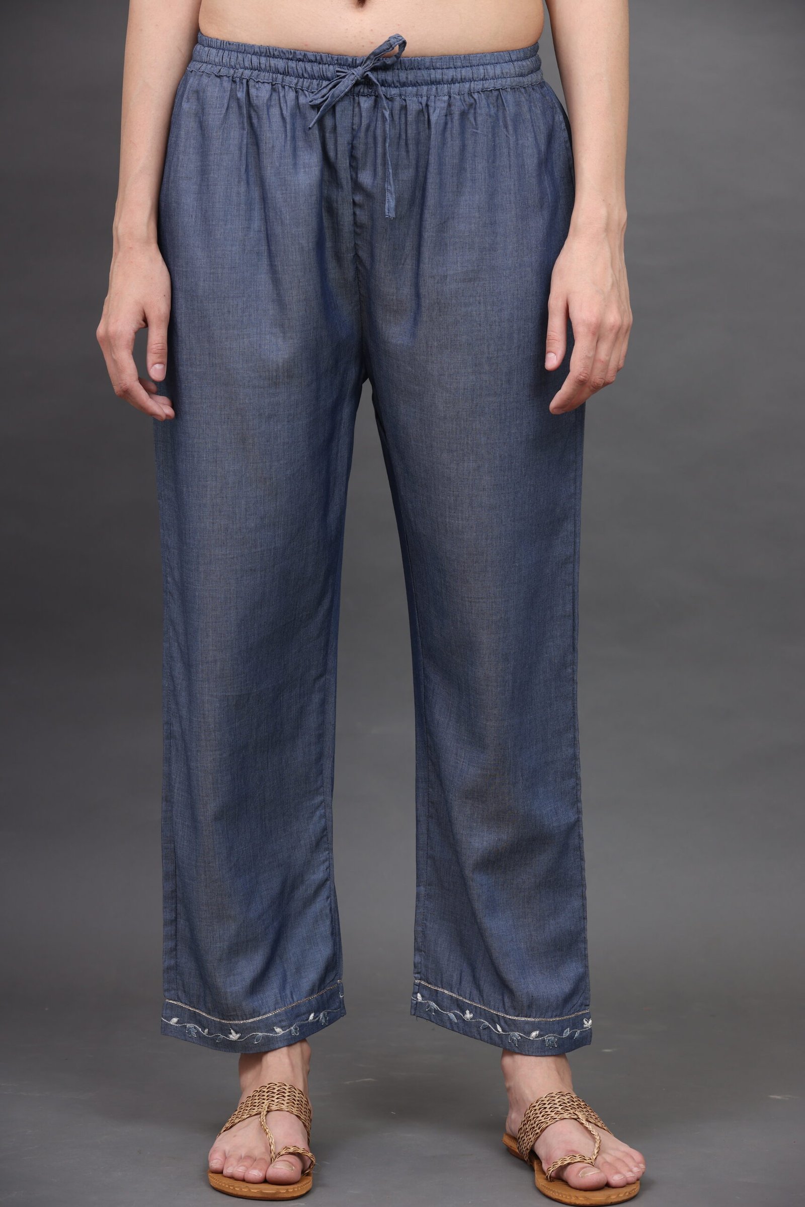 HAND THREAD EMBROIDERED CHAMBREY PANTS