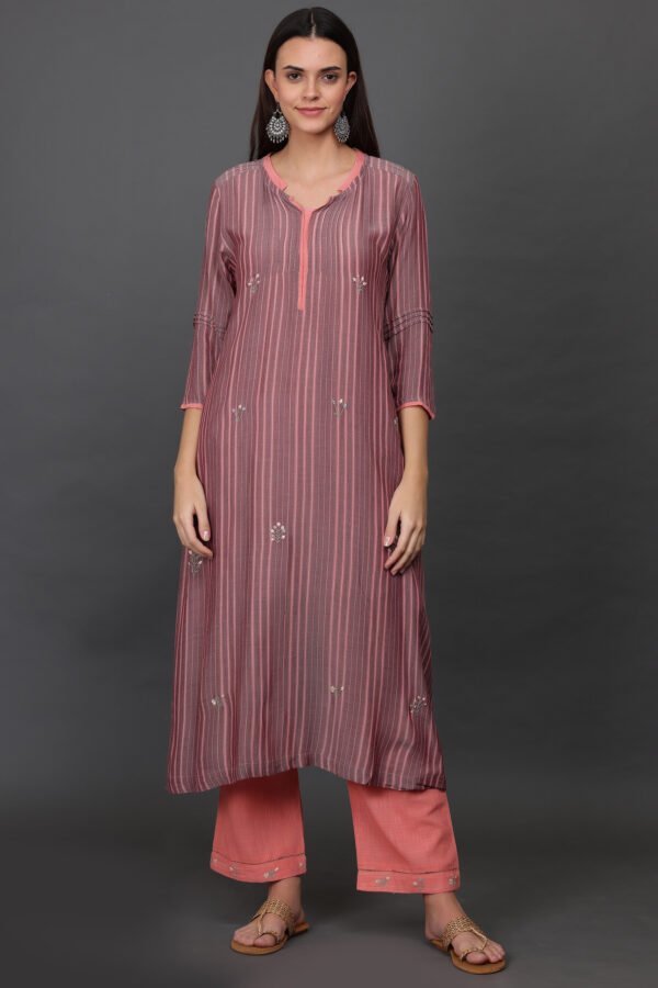 STRIPED HAND EMBROIDERED A LINE KURTA