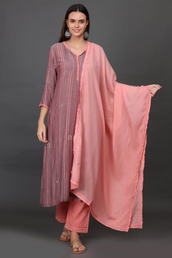 DELICATE HAND THREAD FLORAL EMBROIERED A LINE KURTA, PANT & DUPATTA (SET OF 3)