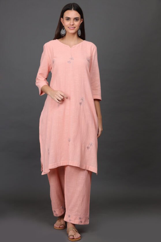 CORAL PINK HAND EMBROIDERED A LINE KURTA