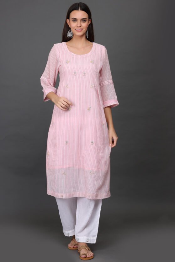 COTTON HAND EMBROIDERED A LINE KURTA