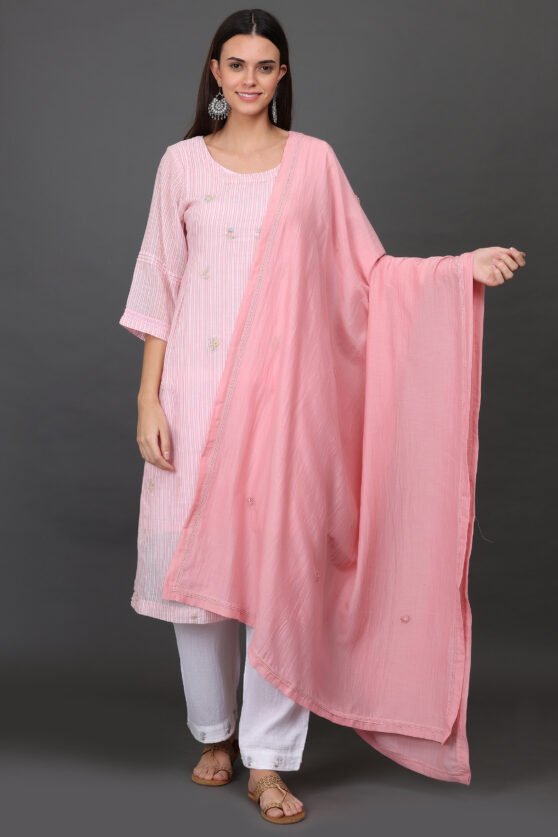 DELICATE HAND THREAD FLORAL EMBROIERED A LINE KURTA, PANT & DUPATTA(SET OF 3)