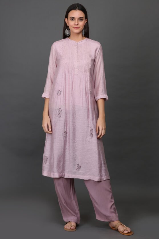 JACQUARD HAND EMBROIDERED A LINE KURTA