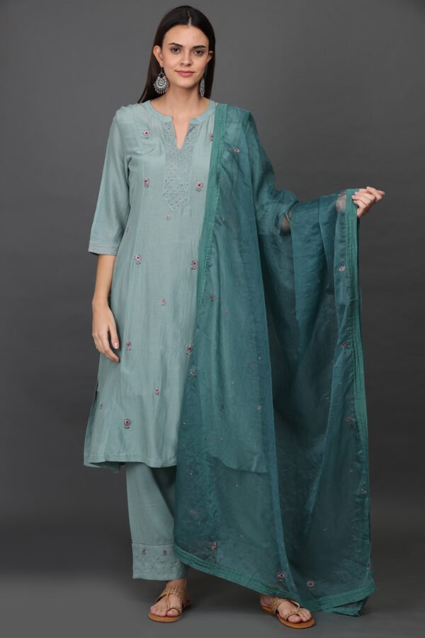 COTTON SILK HAND EMBROIDERED A LINE KURTA , PANTS & DUPATTA (SET OF 3)