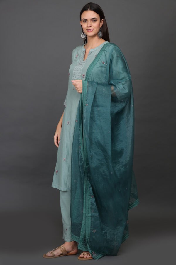 COTTON SILK HAND EMBROIDERED A LINE KURTA , PANTS & DUPATTA (SET OF 3)