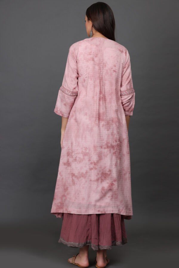 0G3A9389 Cotton jacqard tie dyed delicate aari, zardozi hand embroidered a line kurta with pintucks detailing, pant & dupatta (set of 3)