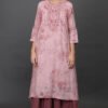 0G3A9391 Cotton jacqard tie dyed delicate aari, zardozi hand embroidered a line kurta with pintucks detailing, pant & dupatta (set of 3)