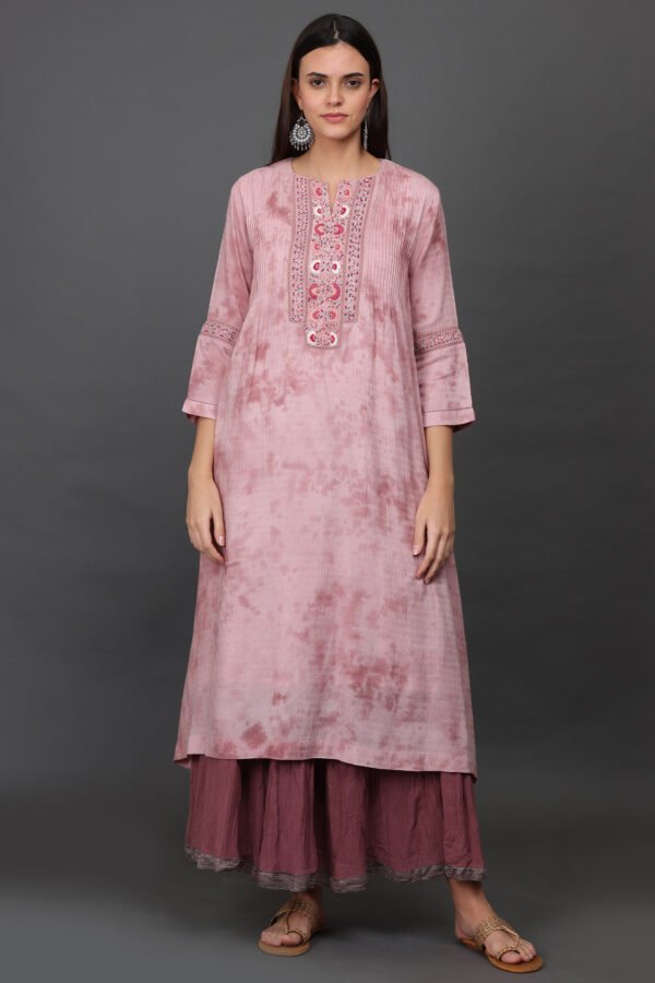 0G3A9391 Cotton jacqard tie dyed delicate aari, zardozi hand embroidered a line kurta with pintucks detailing, pant & dupatta (set of 3)