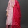 0G3A9396 Cotton jacqard tie dyed delicate aari, zardozi hand embroidered a line kurta with pintucks detailing, pant & dupatta (set of 3)