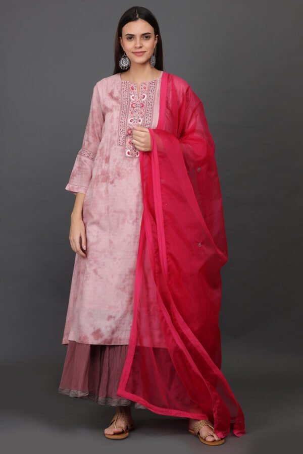 0G3A9396 Cotton jacqard tie dyed delicate aari, zardozi hand embroidered a line kurta with pintucks detailing, pant & dupatta (set of 3)