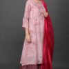 0G3A9400 Cotton jacqard tie dyed delicate aari, zardozi hand embroidered a line kurta with pintucks detailing, pant & dupatta (set of 3)