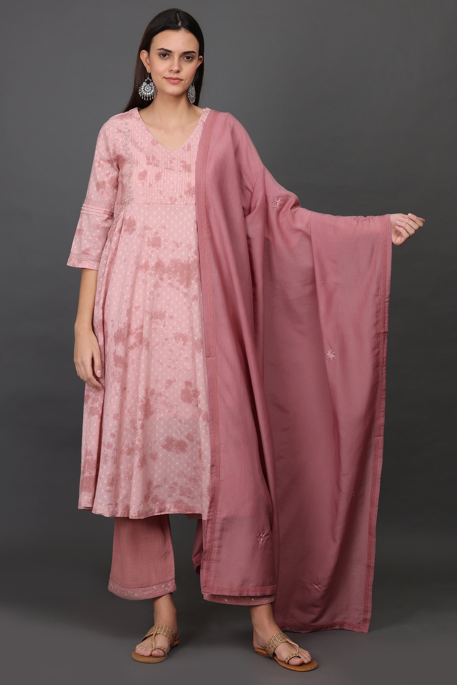 Cotton dobby delicate aari/zardozi hand embroidered tied dye kurta with pintucks detailing, PANT & DUPATTA (SET of 3)