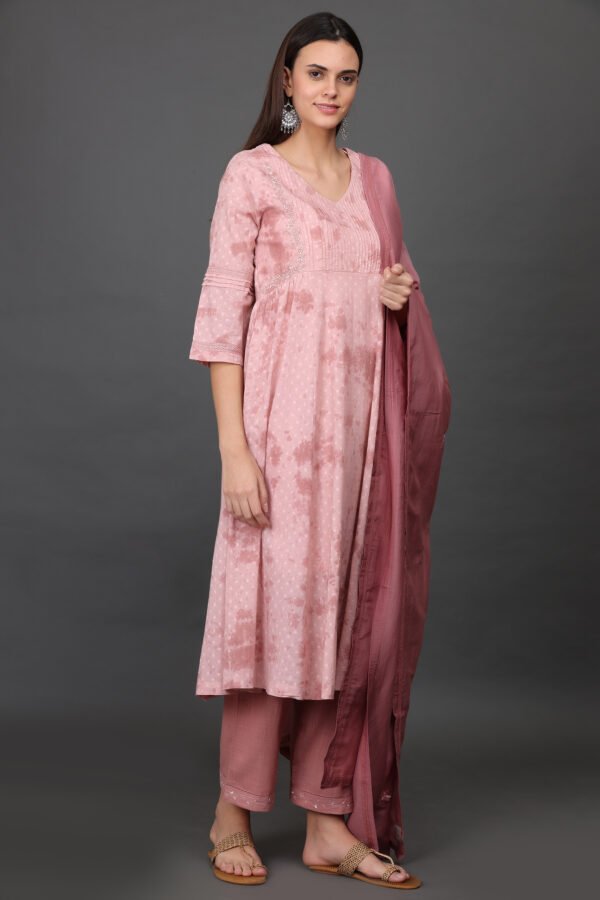 0G3A9413 Cotton dobby delicate aari/zardozi hand embroidered tied dye kurta with pintucks detailing, PANT & DUPATTA (SET of 3)