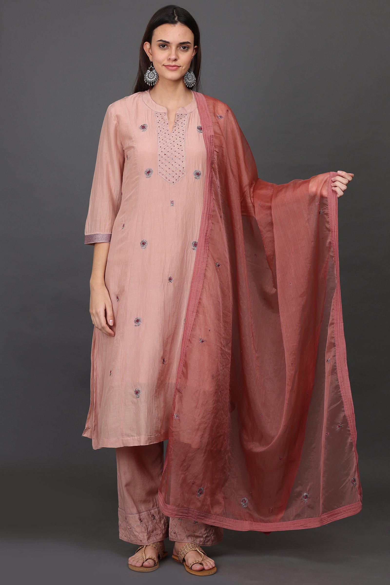 ALL OVER HAND EMBROIDERED A LINE KURTA, PANT & DUPATTA (Set of 3)