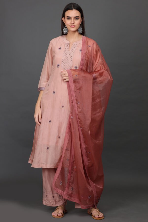 ALL OVER HAND EMBROIDERED A LINE KURTA, PANT & DUPATTA (Set of 3)