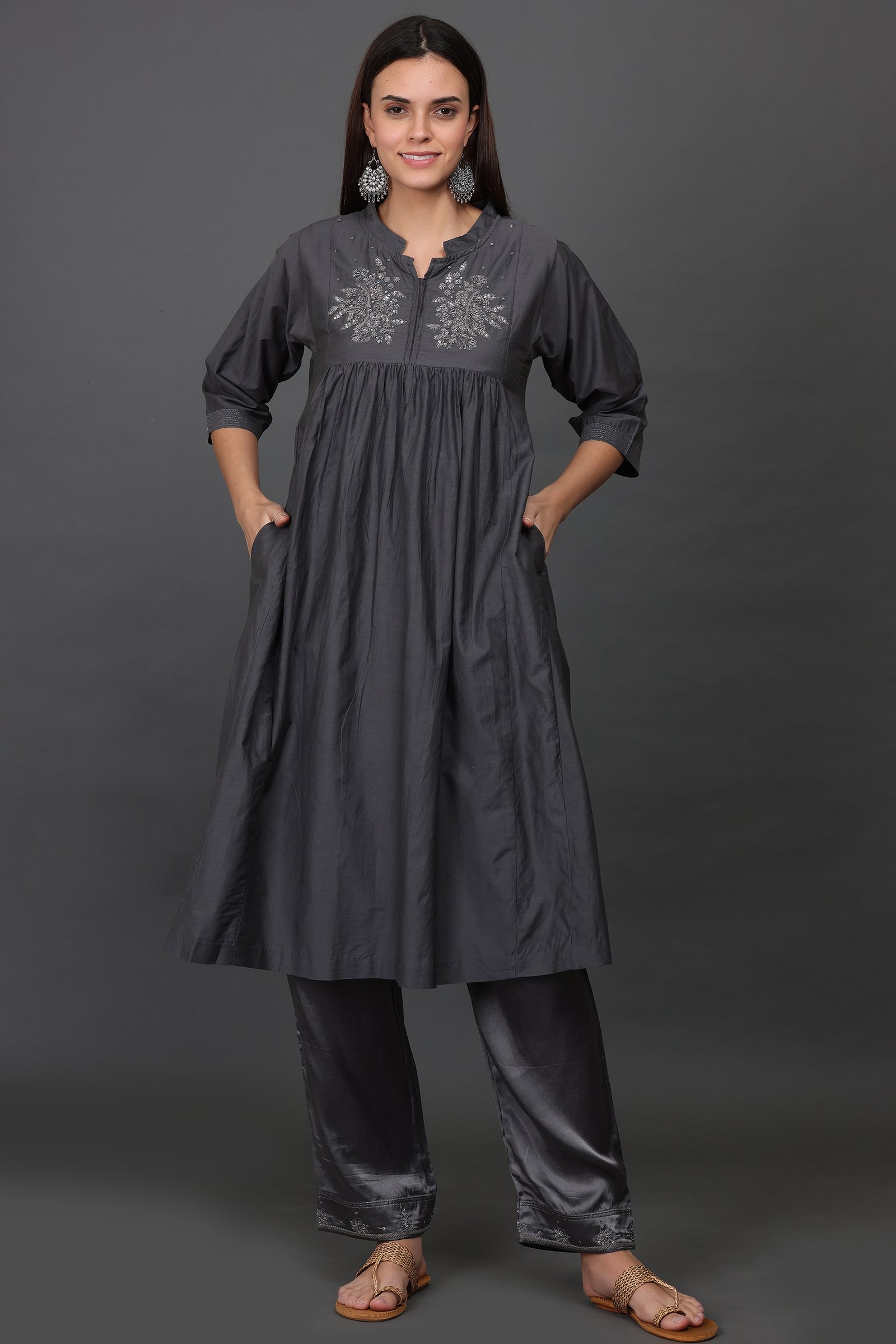 SILK HAND ZARDOZI HAND EMBROIDERED KURTA WITH POCKETS