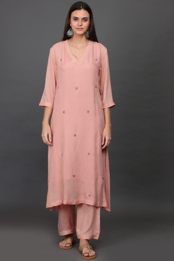 DOBBY HAND EMBROIDERED A LINE KURTA