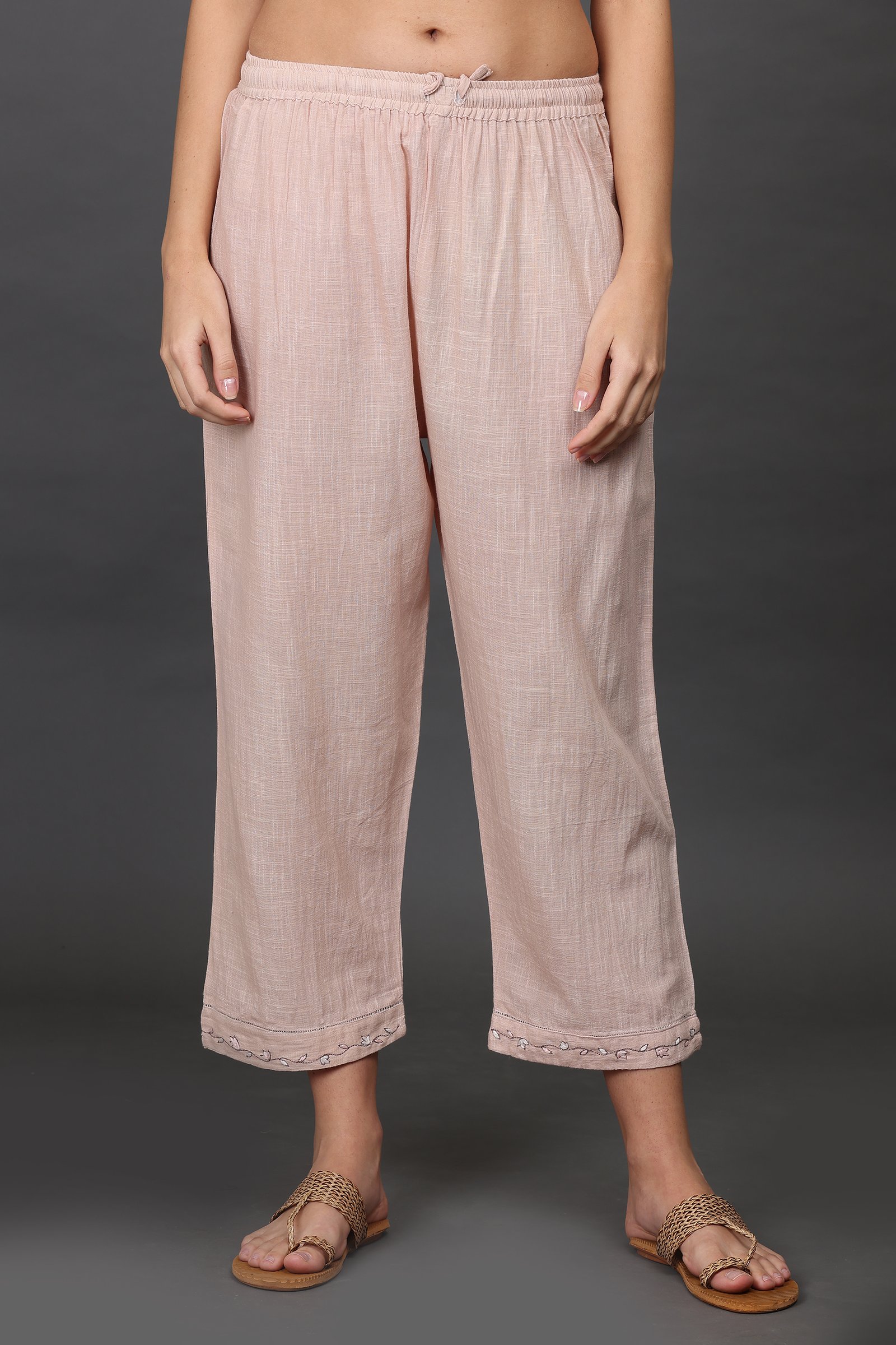 HAND THREAD EMBROIDERED COTTON SLUB PANTS