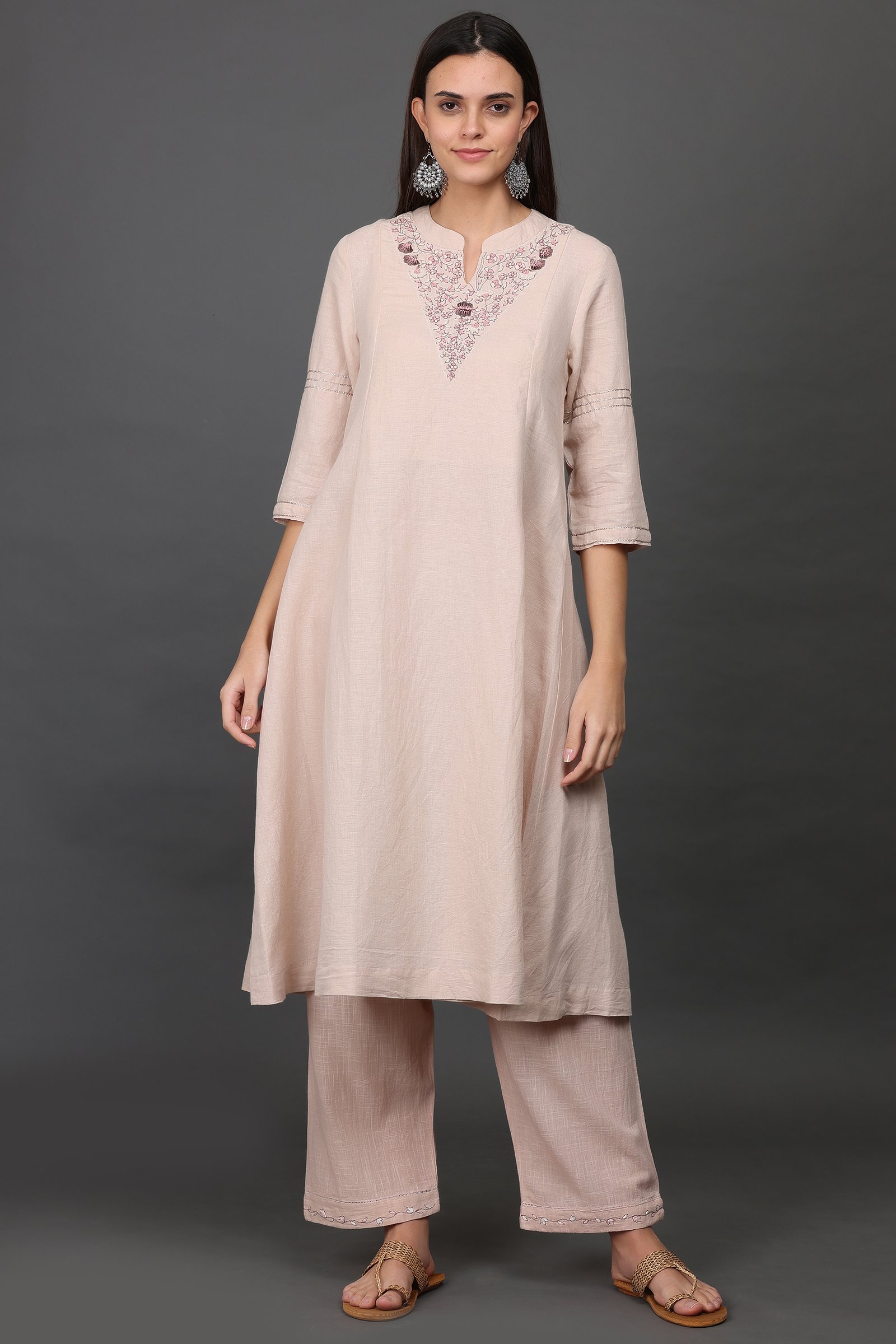 COTON LINEN V NECK HAND EMBROIDERED A LINE KURTA