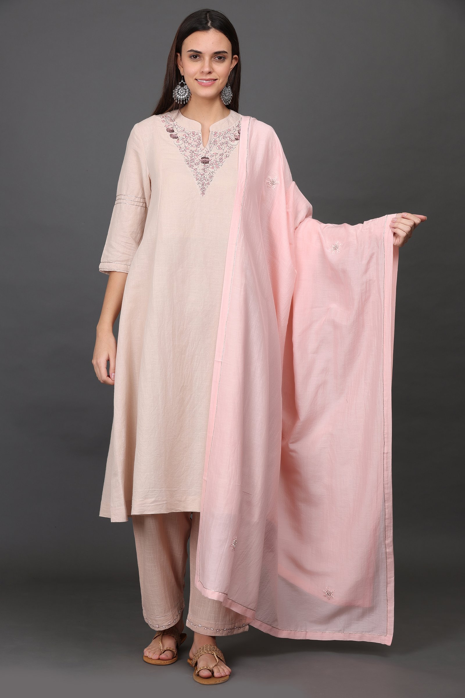 COTOTN LINEN V NECK HAND EMBROIDERED A LINE KURTA, PANT & DUPATTA(SETof3)