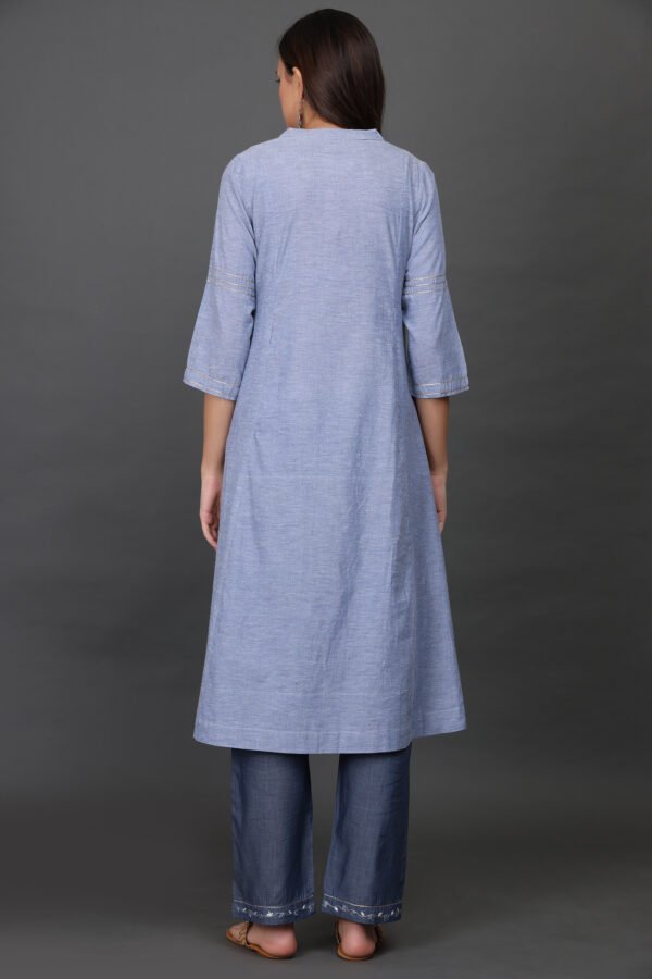 0G3A9578 V NECK DELICATE ZARDOZI HAND EMBROIDERED A LINE COTTON CHAMBREY KURTA & PANT (Set of 2)