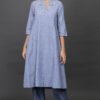 0G3A9580 V NECK DELICATE ZARDOZI HAND EMBROIDERED A LINE COTTON CHAMBREY KURTA & PANT (Set of 2)