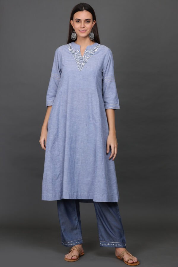 0G3A9580 V NECK DELICATE ZARDOZI HAND EMBROIDERED A LINE COTTON CHAMBREY KURTA & PANT (Set of 2)