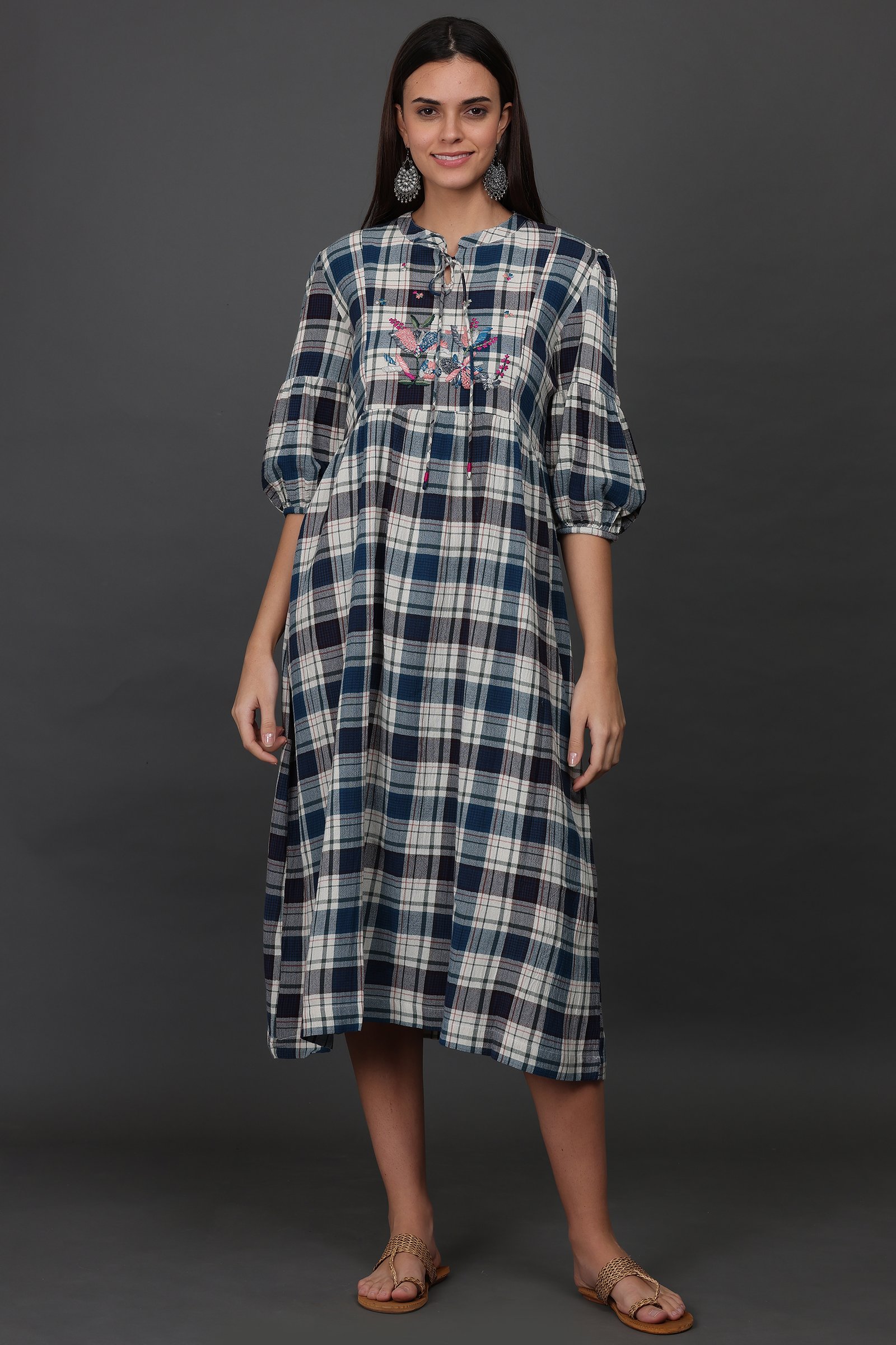 HAND EMBROIDERED CHECKERED  DRESS