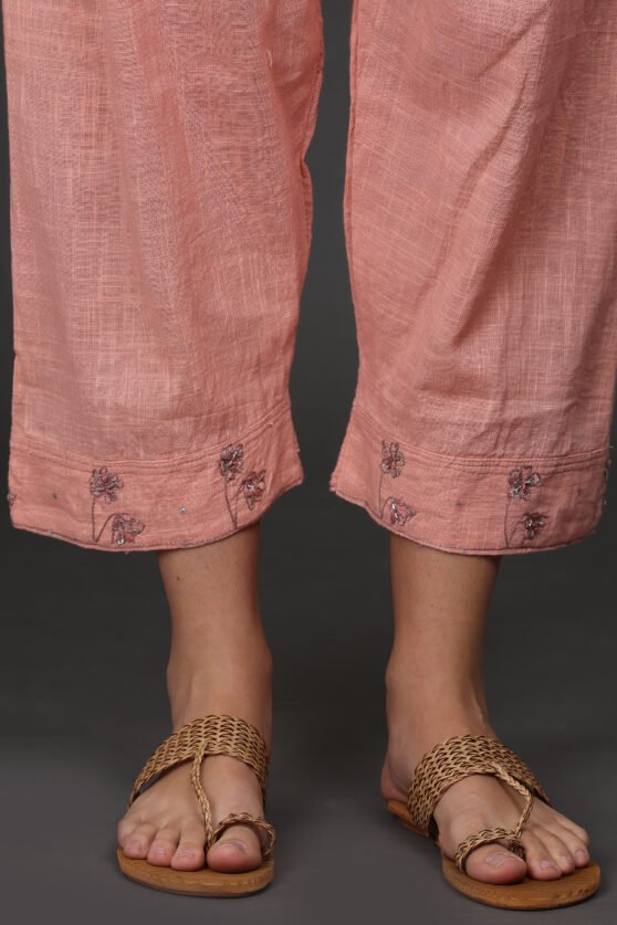 COTTON SLUB PINK HAND EMBROIDERED PANTS